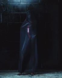 Model draped in sheer dark fabric standing before a dark brick wall for Mowalola