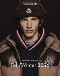 Close-up portrait of a male model wearing a brown fleece trapper hat and puffer jacket against a dark background.