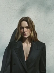 Model wearing a dark pinstripe blazer against a textured grey wall with natural shadow patterns.