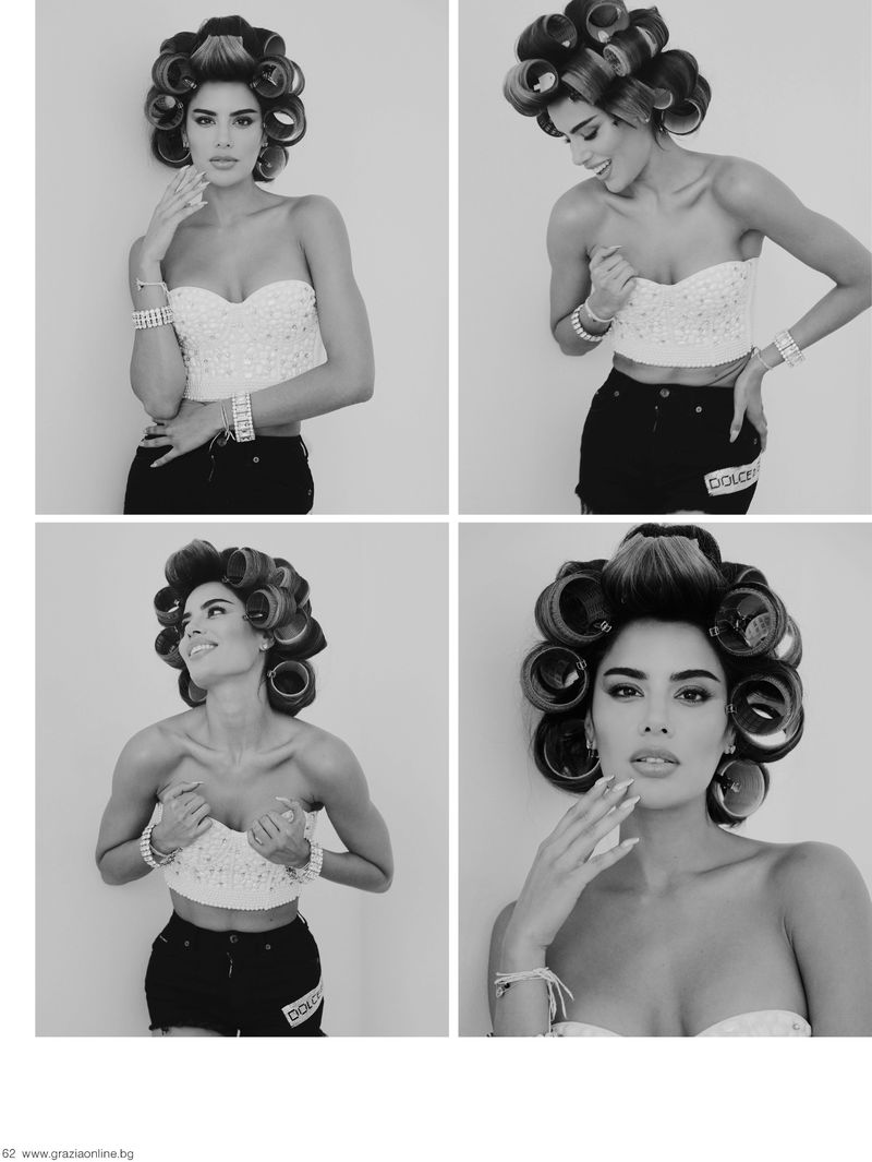 Black and white portrait of a woman with hair rollers, posing in multiple frames, wearing a sequin top and black shorts indoors.