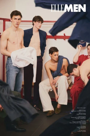 Group of shirtless male models in a locker room setting for an editorial shoot by Elle Men Thailand
