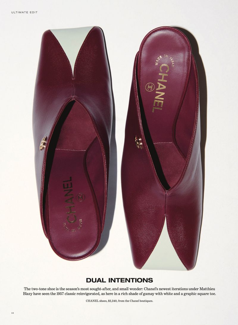 Two-tone burgundy and white leather mules with square toes displayed on a white seamless background for Vogue Australia editorial.