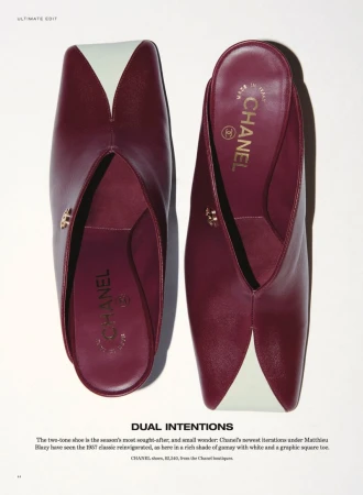 Two-tone burgundy and white leather mules with square toes displayed on a white seamless background for Vogue Australia editorial.