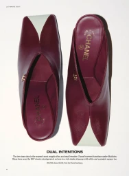 Two-tone burgundy and white leather mules with square toes displayed on a white seamless background for Vogue Australia editorial.