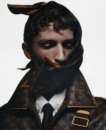 Close-up portrait of a male model wearing a monogrammed patterned jacket with a matching headscarf wrapped around his head.