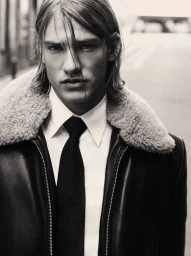 Monochrome portrait of a male model wearing a dark leather jacket with a shearling collar over a white shirt and black tie.