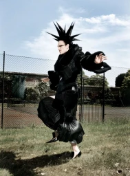 Model with spiky black hair in a black coat and pleated skirt posing outdoors against a fence