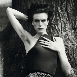 Black and white portrait of a model posing against a large tree trunk with arm raised behind head for D Repubblica