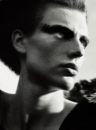 Close-up black and white portrait of a model with bold eye makeup and dark voluminous hair against a bright outdoor background.
