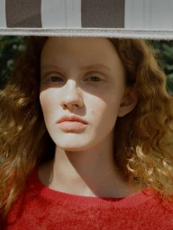 Close-up portrait of a woman with curly blonde hair wearing a red textured sweater under a striped beach umbrella