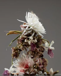 An intricate vertical sculpture composed of various orchids, white spider chrysanthemums, and stems against a grey backdrop.