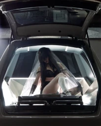 A woman wearing a veil and dark lingerie seated inside the open trunk of a car with modern interior lighting.