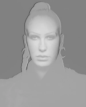 Monochrome embossed portrait of a woman with braided hair and large earrings against a grey background.