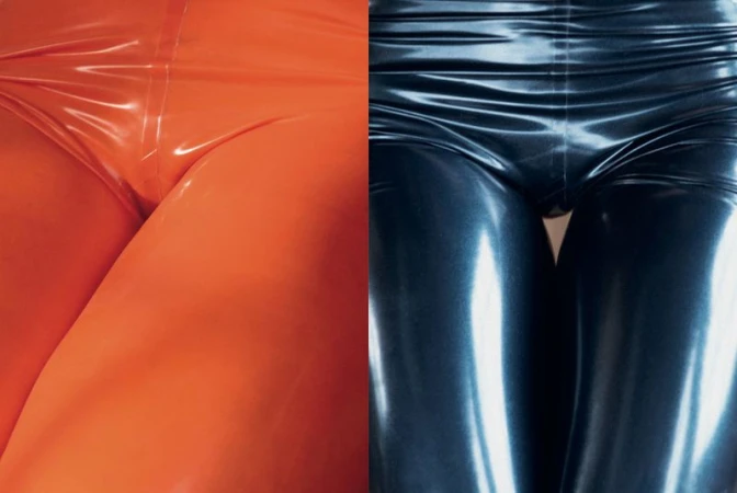 Close-up split image showing glossy orange latex pants on the left and shiny black latex trousers on the right.