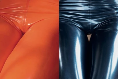 Close-up split image showing glossy orange latex pants on the left and shiny black latex trousers on the right.