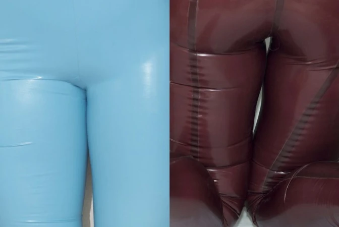 Close-up of glossy latex trousers in bright blue and deep burgundy tones, showcasing a smooth, reflective texture.