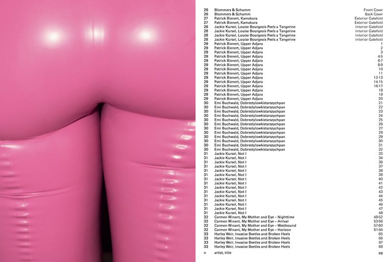 Close-up of glossy pink latex trousers next to a white page with black text columns