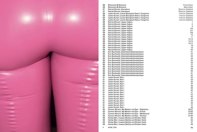 Close-up of glossy pink latex trousers next to a white page with black text columns