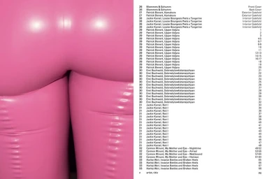 Close-up of glossy pink latex trousers next to a white page with black text columns