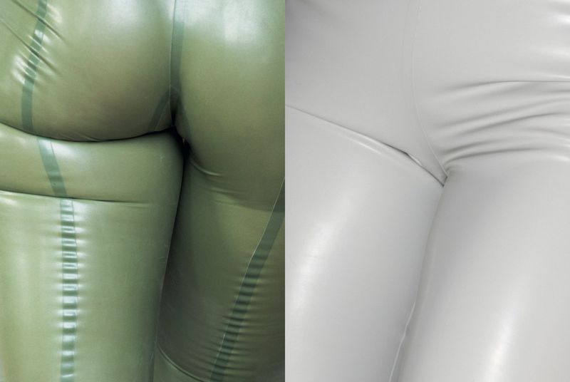 Close-up split view of glossy olive green and off-white latex trousers, showcasing tight-fitting textures and seams.