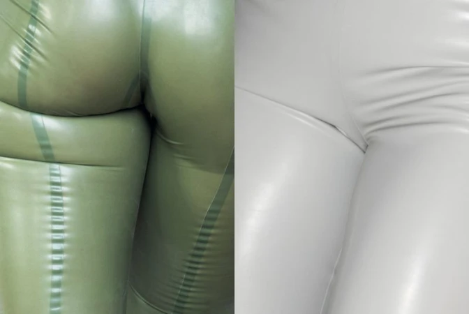 Close-up split view of glossy olive green and off-white latex trousers, showcasing tight-fitting textures and seams.