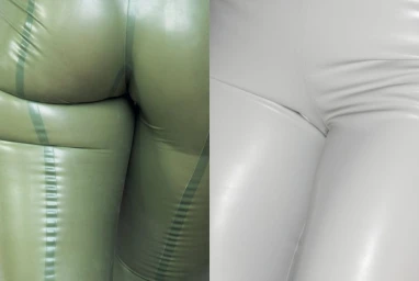 Close-up split view of glossy olive green and off-white latex trousers, showcasing tight-fitting textures and seams.