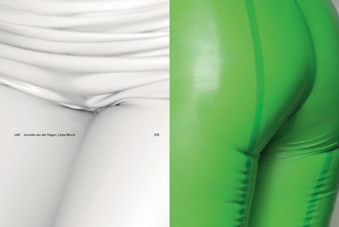 Close up editorial image split into white and vibrant green latex clothing details by Janneke van der Hagen for Latex World