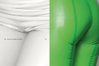 Close up editorial image split into white and vibrant green latex clothing details by Janneke van der Hagen for Latex World