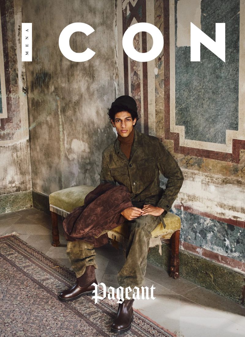 Model Wissem Ben Fraj seated on an upholstered bench in an ornate hall for ICON Magazine Mena #11 2026