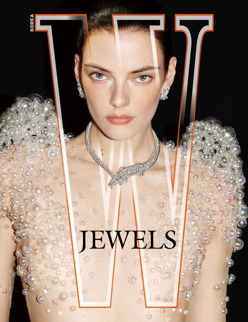 Model Beauïse Genç wearing a pearl-embellished garment and diamond jewelry for W Korea magazine cover.