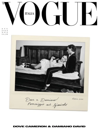 Vogue Italia October 2026 magazine cover featuring a black and white polaroid of Dove Cameron and Damiano David on an antique bench.