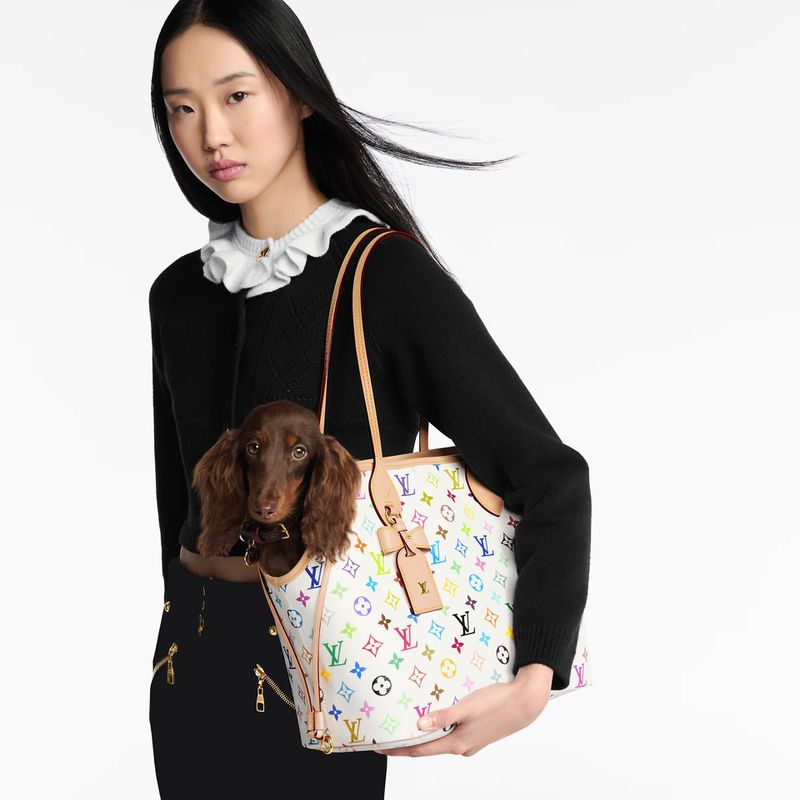 Model with long dark hair holding a multicolored monogram tote bag containing a brown dachshund against white seamless background