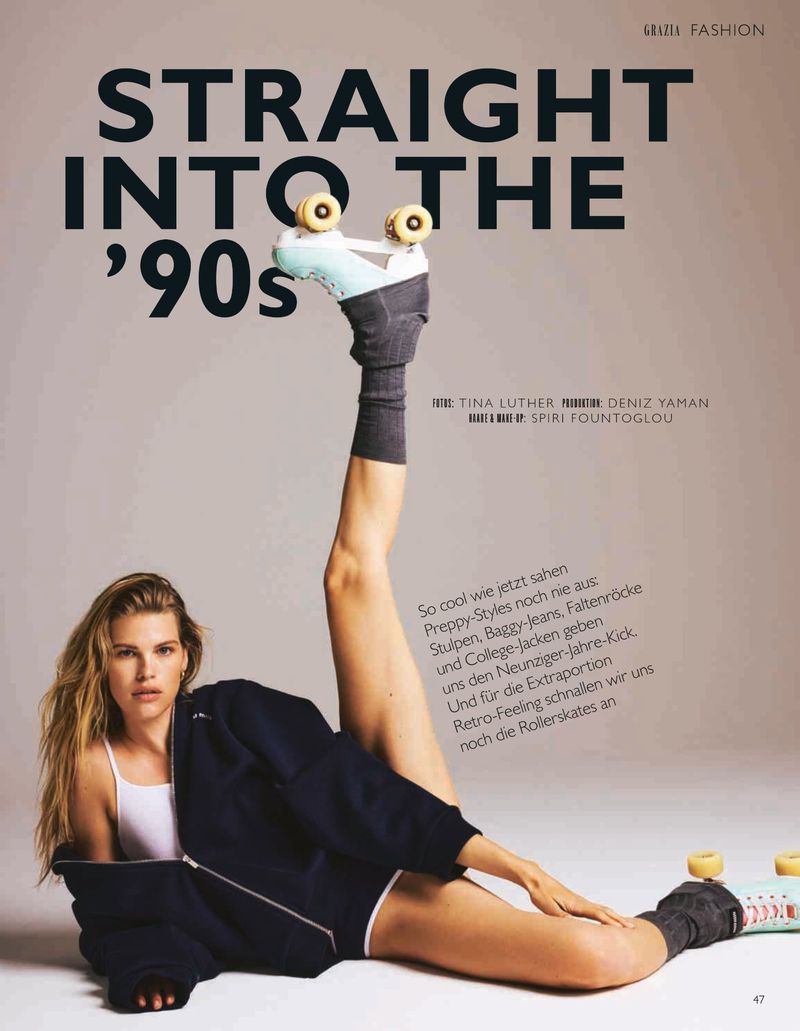 Fashion editorial featuring a woman in a jacket and shorts, striking a pose with roller skates against a neutral backdrop and bold typography.