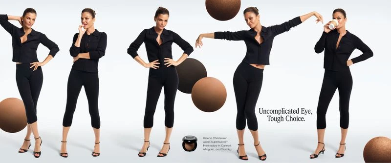 Helena Christensen posing in multiple black outfits against a white backdrop with floating bronze product spheres for Saie Beauty.