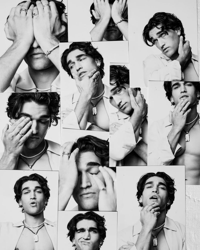 Collage of a young adult male posing in various poses, wearing a shirt, jewelry, and rings. Monochrome photography with a white background.