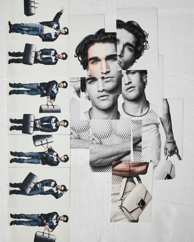 Collage of a man in different poses wearing casual clothing and holding a duffel bag, against a textured white background.