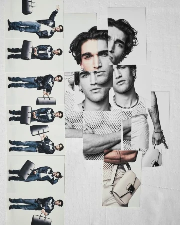 Collage of a man in different poses wearing casual clothing and holding a duffel bag, against a textured white background.