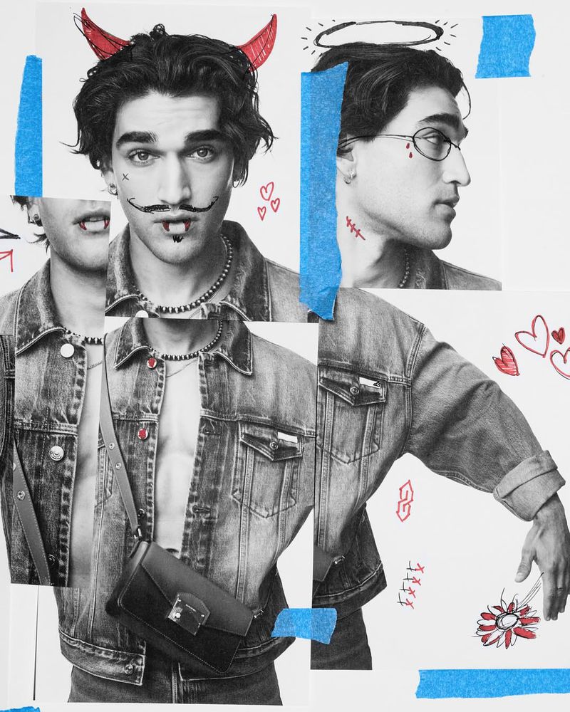 Artistic collage portrait of a young adult male with sketched devil and angel details, wearing a denim jacket and beaded necklace.