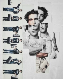 Collage of fashion photographs featuring Josh Heuston with a leather bag and white textured background