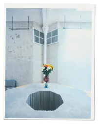 Vase of colorful flowers placed on a concrete surface with an octagonal pit inside a large industrial interior space.