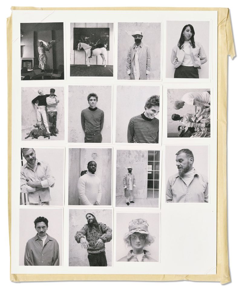 Contact sheet of black and white polaroid portraits featuring multiple subjects and artistic scenes taped to paper.