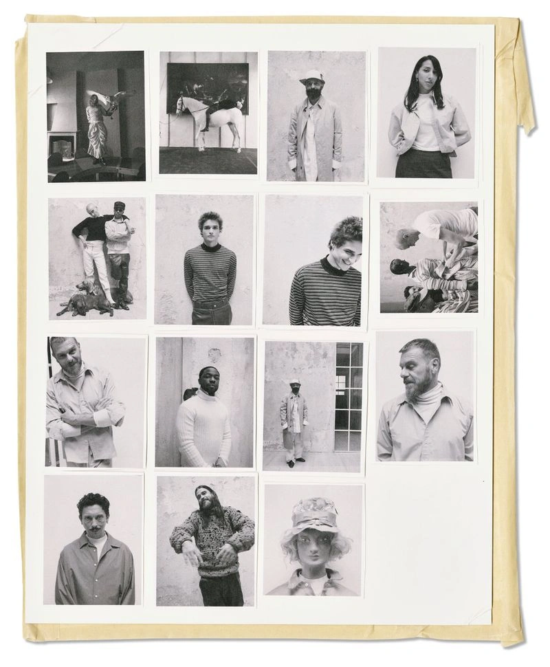 Contact sheet of black and white polaroid portraits featuring multiple subjects and artistic scenes taped to paper.
