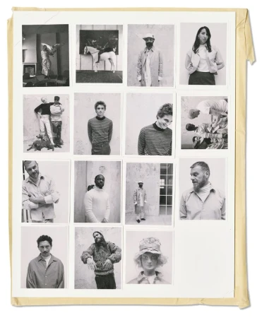 Contact sheet of black and white polaroid portraits featuring multiple subjects and artistic scenes taped to paper.