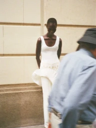 Model Chudier Billy in a white tank top posing against a stone wall while a person in motion walks past in the foreground.