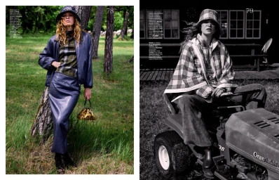 Model Liv Walters in a blue leather jacket and matching skirt standing in a grassy woodland for Les Echos