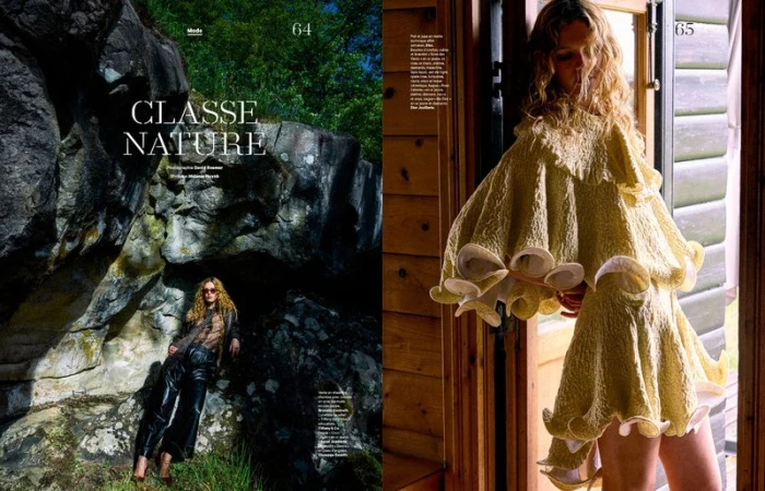 Model wearing a textured yellow ruffled dress standing in a doorway for the Classe Nature fashion editorial by Les Echos