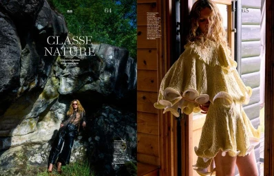 Model wearing a textured yellow ruffled dress standing in a doorway for the Classe Nature fashion editorial by Les Echos