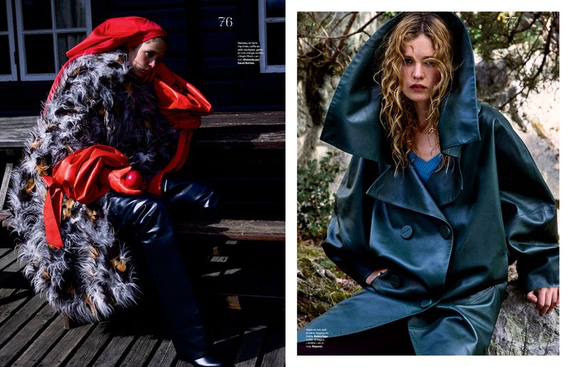Model wearing a dark green hooded leather coat outdoors for the Classe Nature fashion editorial by Les Echos.