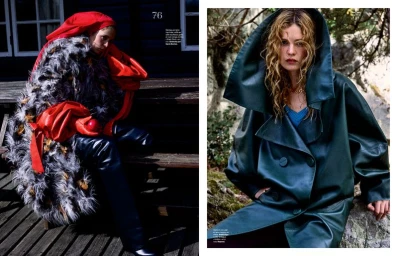 Model wearing a dark green hooded leather coat outdoors for the Classe Nature fashion editorial by Les Echos.