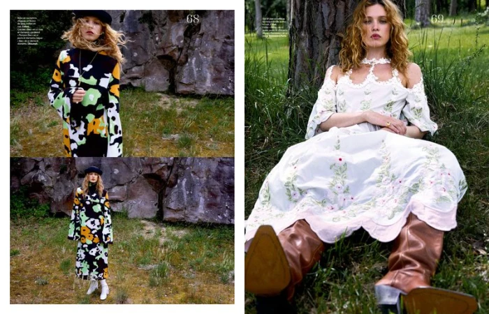 Editorial spread layout featuring a model outdoors in a patterned dress and a white lace dress with tall boots by Les Echos.